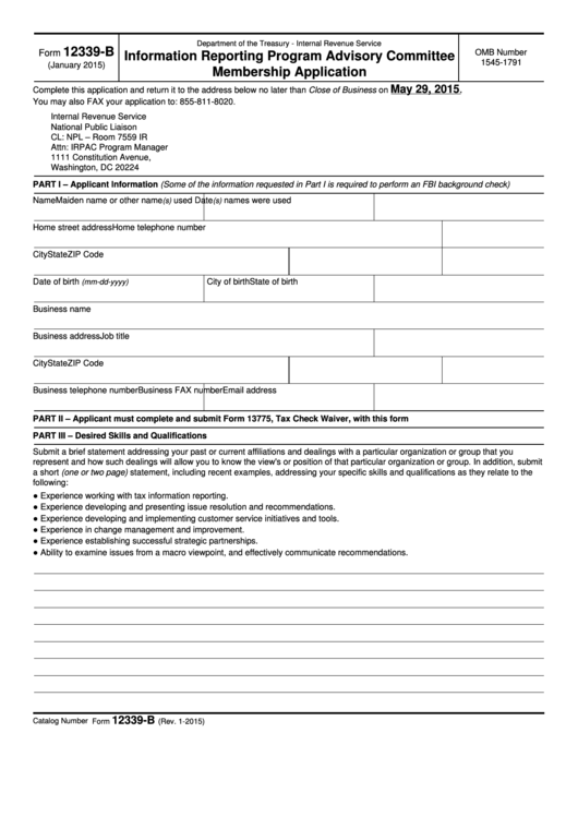 Fillable Form 12339-B - Information Reporting Program Advisory Committee Membership Application Printable pdf
