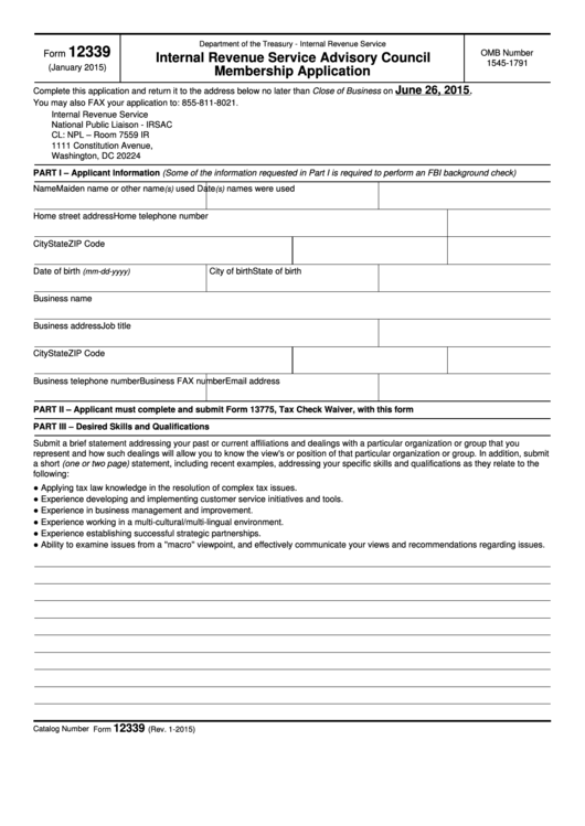 Fillable Form 12339 - Internal Revenue Service Advisory Council Membership Application Printable pdf