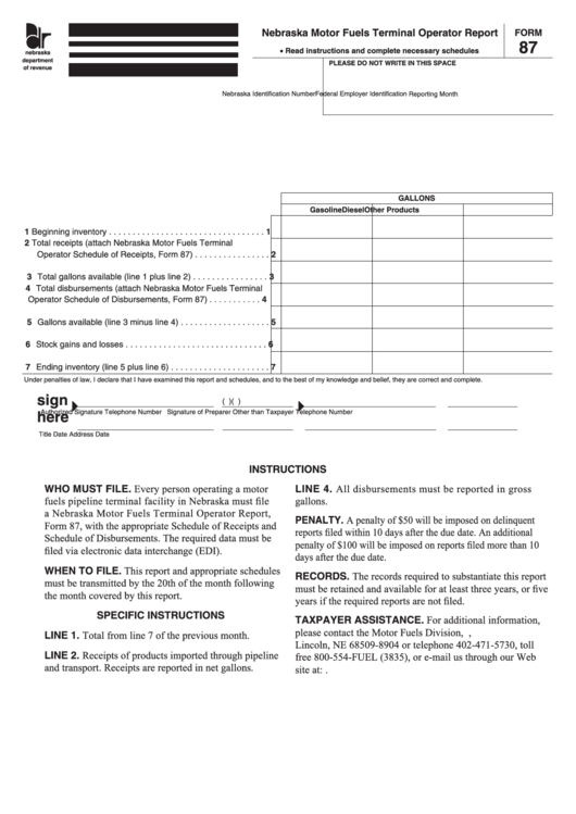 Fillable Form 87 - Nebraska Motor Fuels Terminal Operator Report Printable pdf