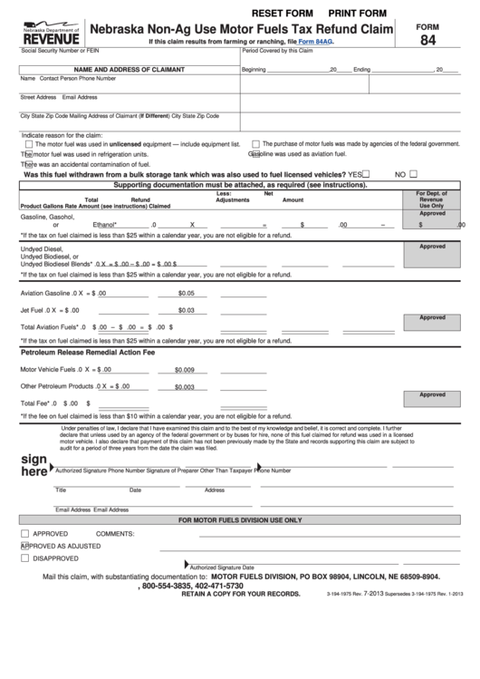Fillable Form 84 - Nebraska Non-Ag Use Motor Fuels Tax Refund Claim Printable pdf