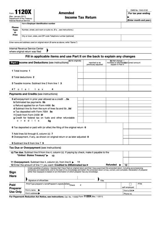 Fillable Form 1120x - Amended U.s. Corporation Income Tax Return Printable pdf