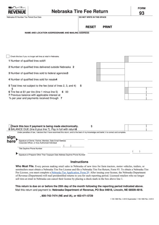 Fillable Form 93 - Nebraska Tire Fee Return Printable pdf