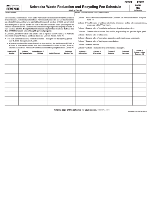 Fillable Form 94 - Nebraska Waste Reduction And Recycling Fee Schedule Printable pdf
