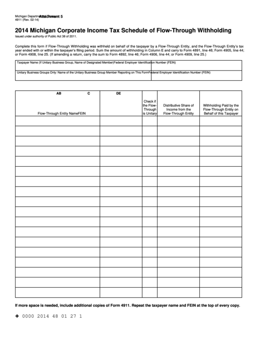 Form 4911 - Michigan Corporate Income Tax Schedule Of Flow-Through Withholding - 2014 Printable pdf