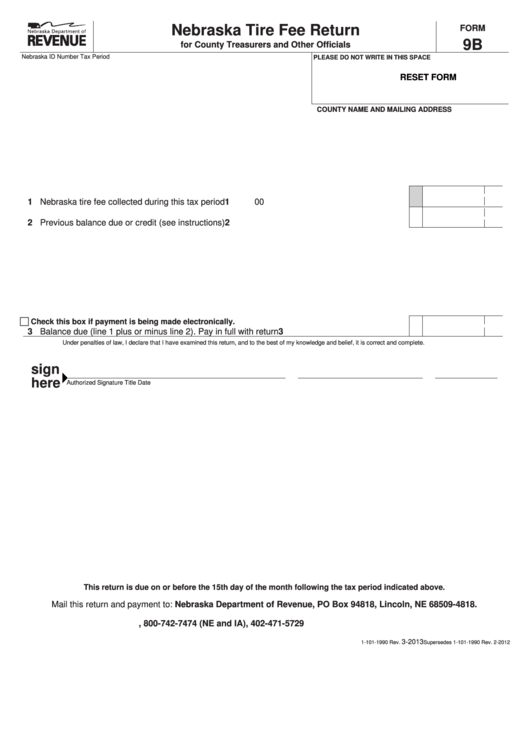 Fillable Form 9b - Nebraska Tire Fee Return For County Treasurers And Other Officials Printable pdf