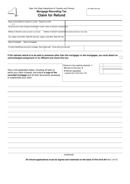 Fillable Form Mt-15.1 - Mortgage Recording Tax - Claim For Refund Printable pdf