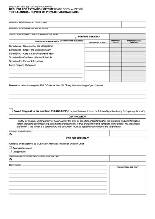Fillable Request For Extension Of Time To File Annual Report Of Private Railroad Cars Printable pdf