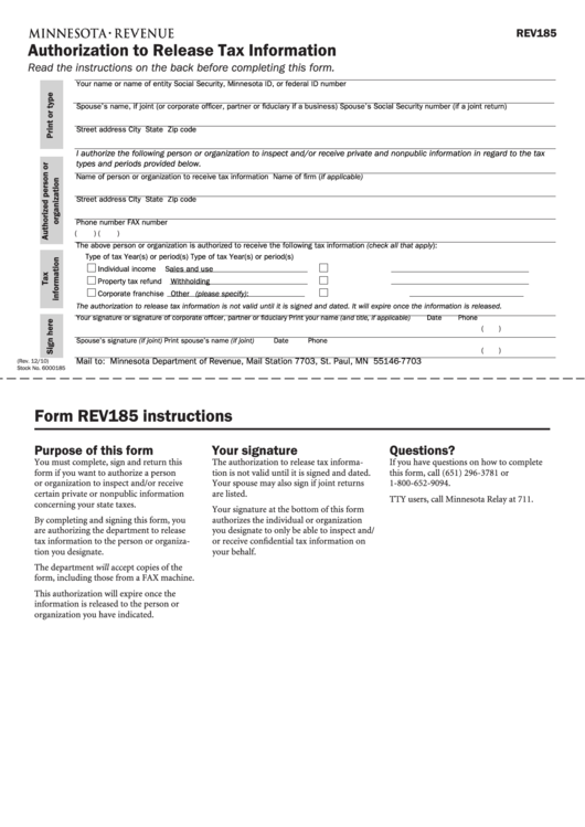 Fillable Form Rev185 - Authorization To Release Tax Information Printable pdf