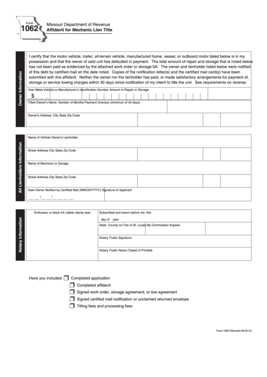 Fillable Form 1062 - Affidavit For Mechanic Lien Title Printable pdf