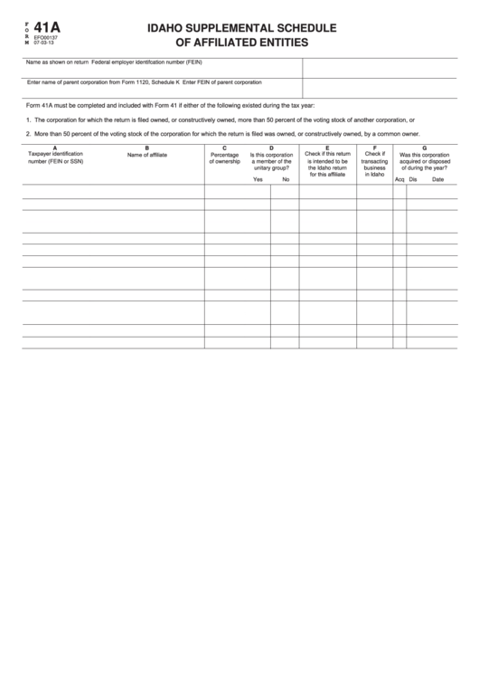 Fillable Form 41a - Idaho Supplemental Schedule Of Affiliated Entities Printable pdf