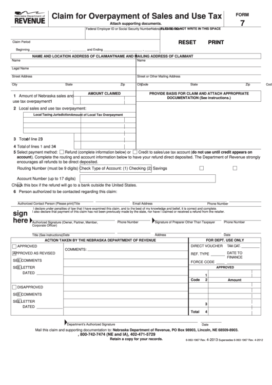 Fillable Form 7 - Claim For Overpayment Of Sales And Use Tax Printable pdf