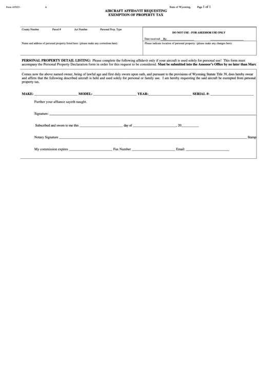 Form Atd23-A - Aircraft Affidavit Requesting Exemption Of Property Tax Printable pdf