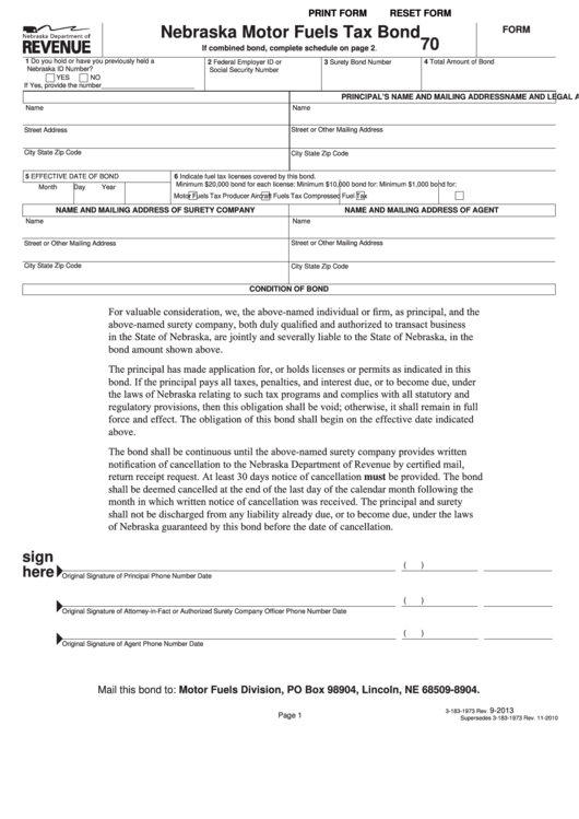 Fillable Form 70 - Nebraska Motor Fuels Tax Bond Printable pdf