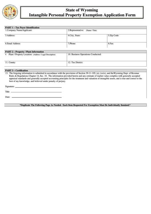 Fillable Intangible Personal Property Exemption Application Form - Wyoming Department Of Revenue Printable pdf