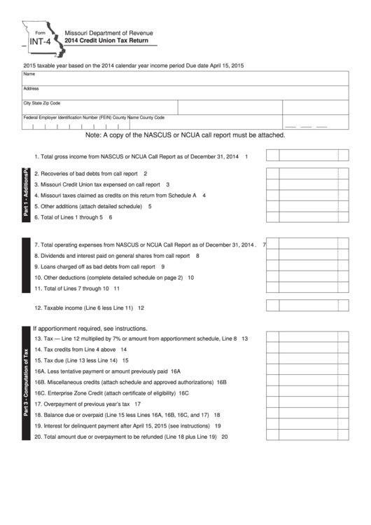 Fillable Form Int-4 - Missouri Credit Union Tax Return - 2014 Printable pdf