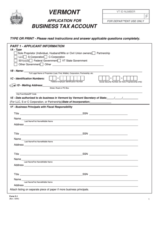 Form S-1 - Vermont Application For Business Tax Account Printable pdf