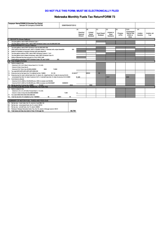 Form 73 - Nebraska Monthly Fuels Tax Return - 2012 Printable pdf