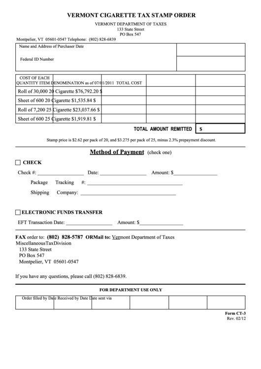 Fillable Form Ct-3 - Vermont Cigarette Tax Stamp Order Printable pdf