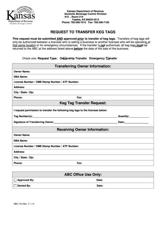 Form Abc-172 - Request To Transfer Keg Tags Printable pdf
