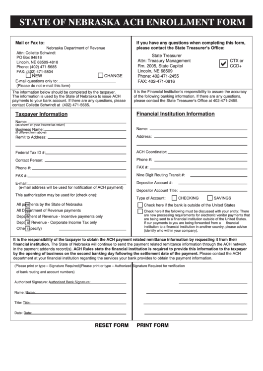 Fillable State Of Nebraska Ach Enrollment Form Printable pdf