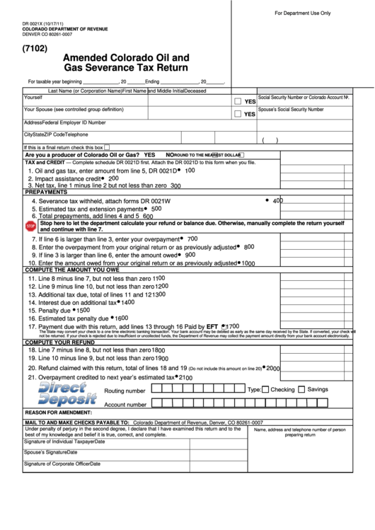 Fillable Form Dr 0021x - Amended Colorado Oil And Gas Severance Tax Return - 2011 Printable pdf