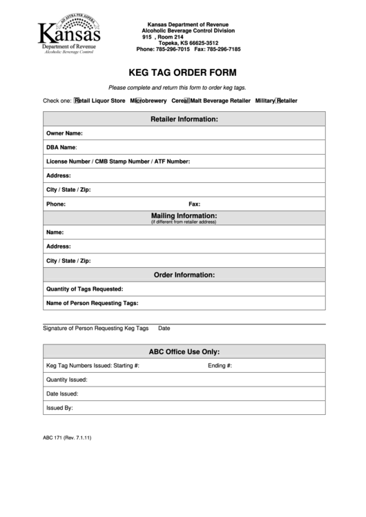 Form Abc 171 - Keg Tag Order Form Printable pdf
