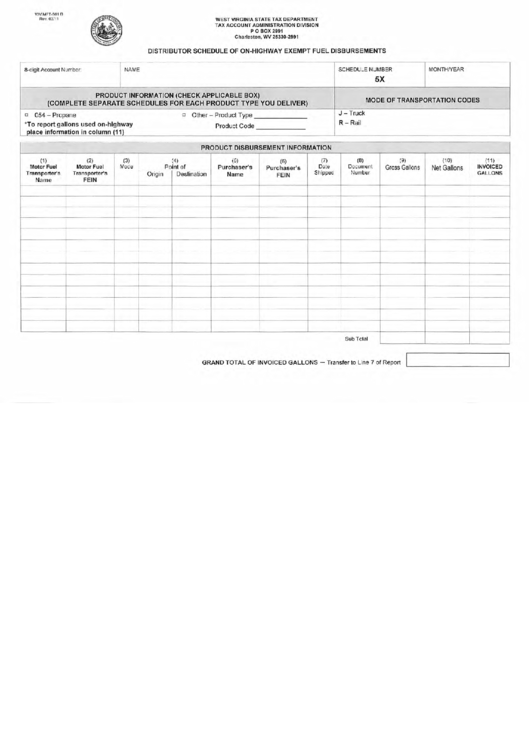 Fillable Form 501 D - Distributor Schedule Of On-Highway Exempt Fuel Disbursements Printable pdf