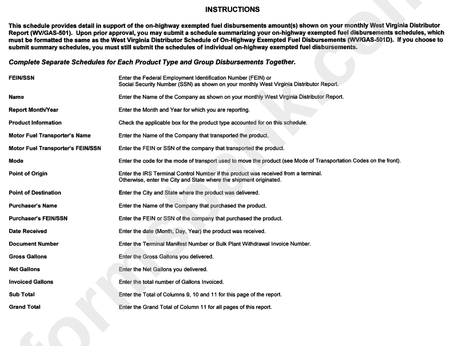 Form 501 D - Distributor Schedule Of On-Highway Exempt Fuel Disbursements