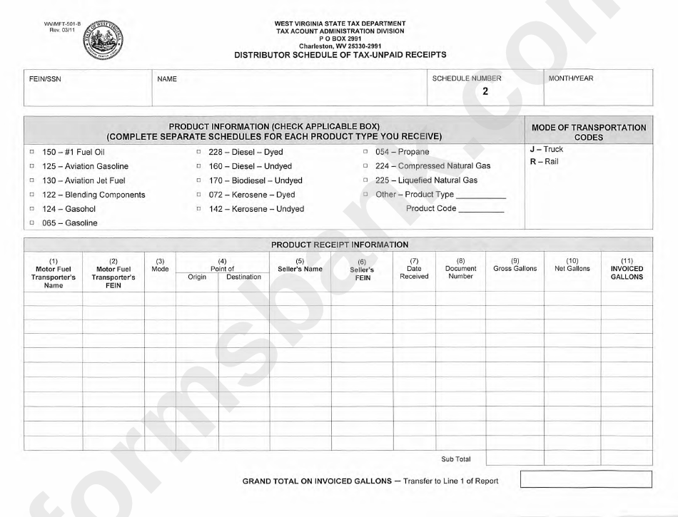 Fillable Form 503 B - Distributor Schedule Of Tax-Unpaid Receipt ...