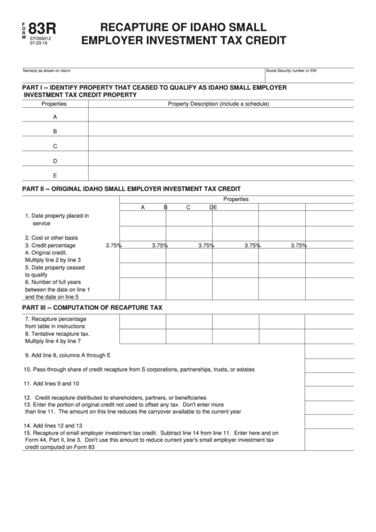 Form 83r - Recapture Of Idaho Small Employer Investment Tax Credit Printable pdf