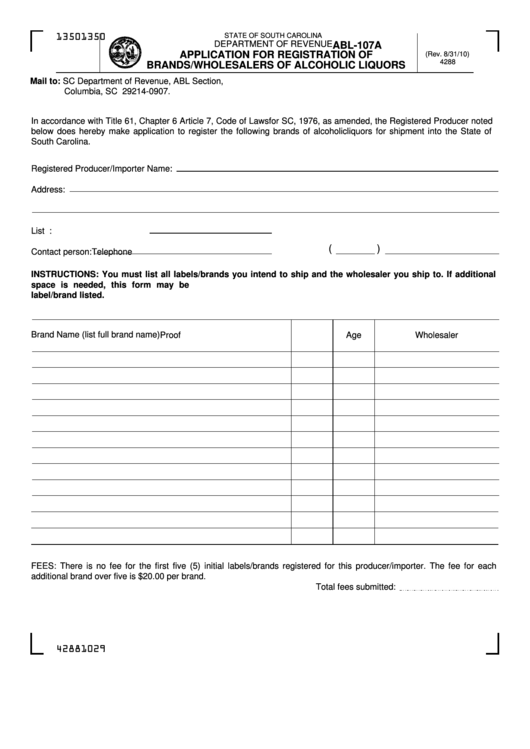 Fillable Form Abl-107a - Application For Registration Of Brands/wholesalers Of Alcoholic Liquors - 2010 Printable pdf