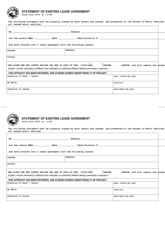 Fillable Form 12787 - Statement Of Existing Lease Agreement - 1996 Printable pdf
