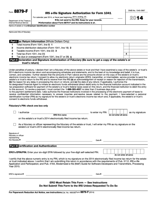 Fillable Form 8879-F - Irs E-File Signature Authorization For Form 1041 - 2014 Printable pdf