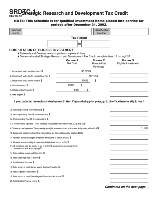 Fillable Form Srdtc-1 - Strategic Research And Development Tax Credit Printable pdf