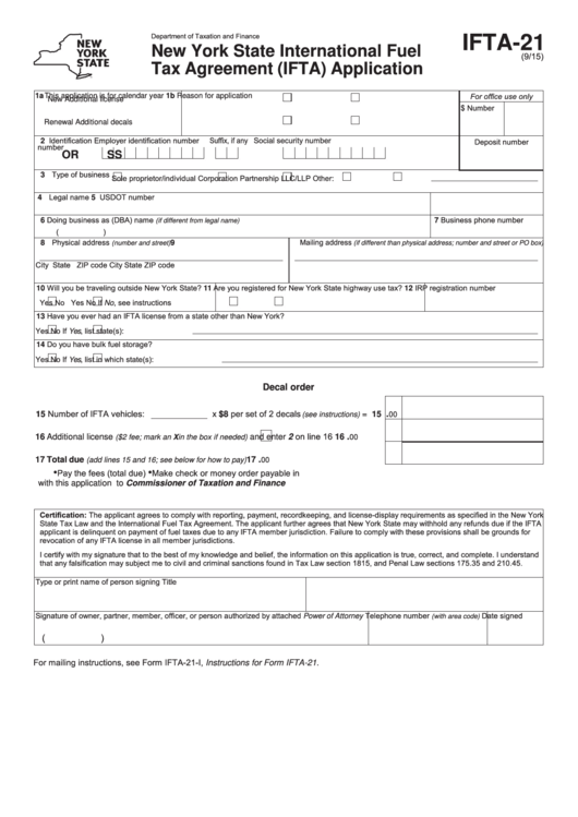 Form Ifta-21 - New York State International Fuel Tax Agreement (Ifta) Application - 2015 Printable pdf