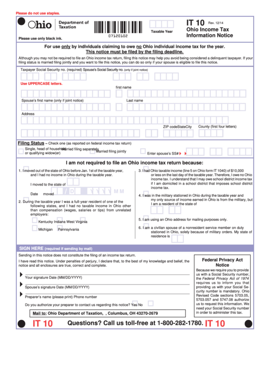 Fillable Form It 10 - Ohio Income Tax Information Notice - 2014 Printable pdf