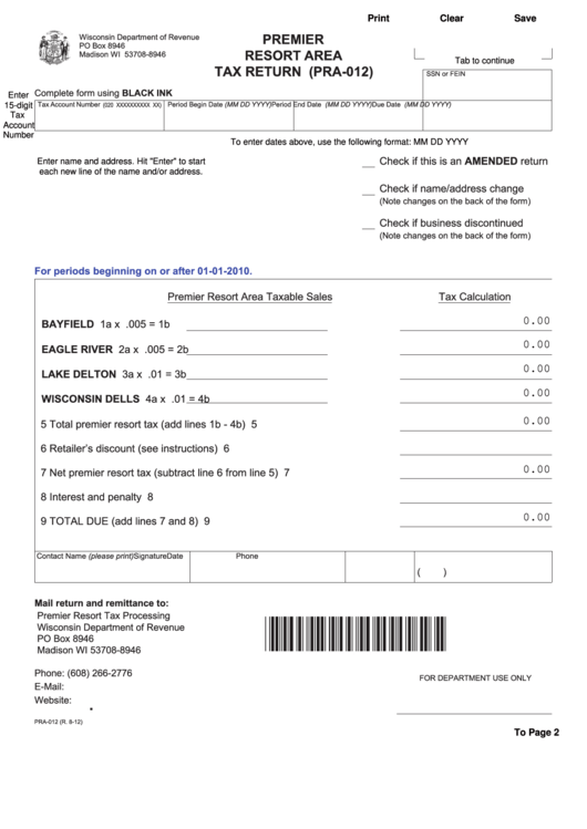 Fillable Form Pra-012 - Premier Resort Area Tax Return Printable pdf