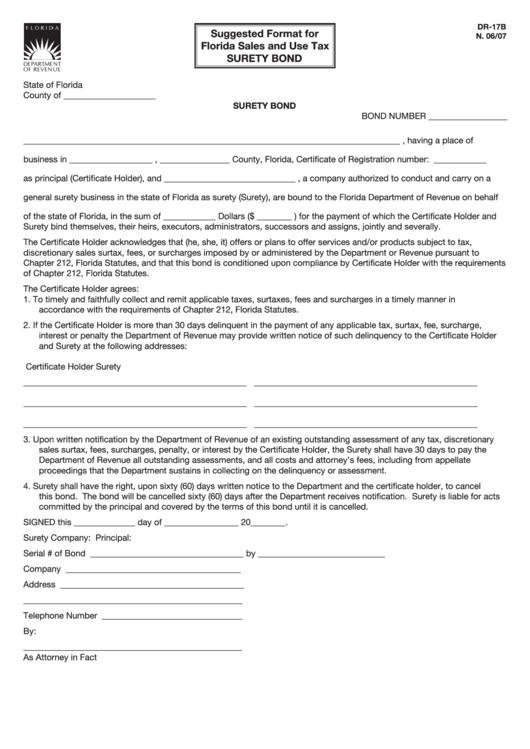 Form Dr-17b - Suggested Format For Florida Sales And Use Tax Surety Bond - 2007 Printable pdf