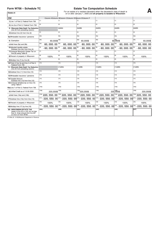Fillable Form W706 - Schedule Tc - Estate Tax Computation Schedule A Printable pdf