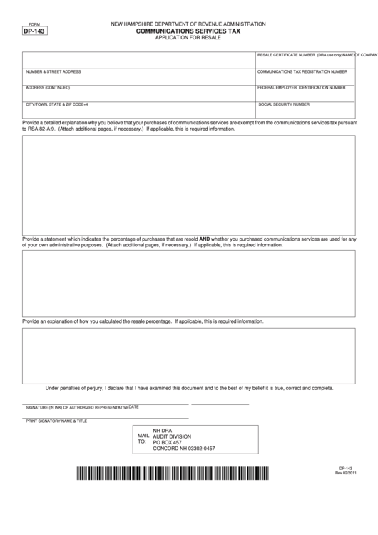 Fillable Form Dp-143 - Communications Services Tax - Application For Resale Printable pdf