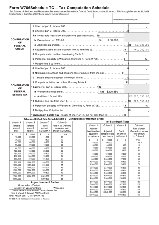 Fillable Form W706 - Schedule Tc - Tax Computation Schedule Printable pdf