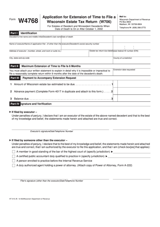 Form W4768 - Application For Extension Of Time To File A Wisconsin Estate Tax Return (W706) Printable pdf