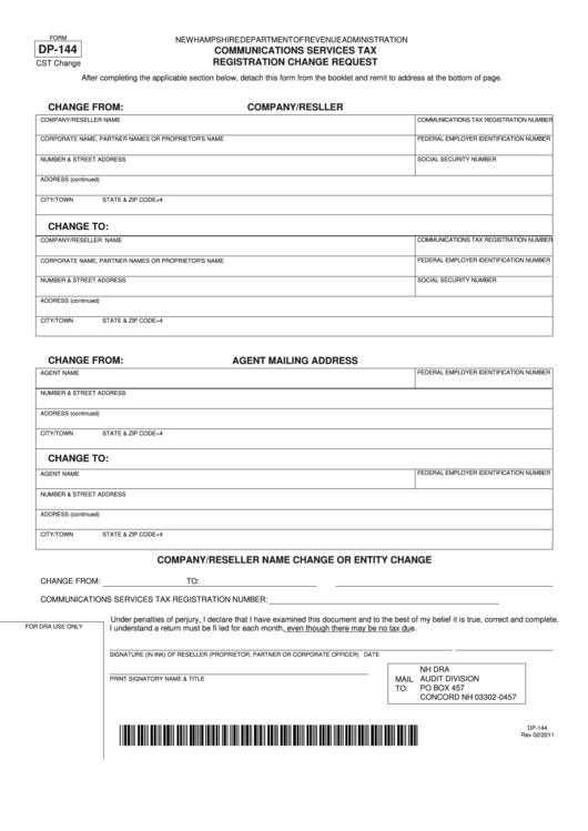 Fillable Form Dp-144 - Communications Services Tax Registration Change Request Printable pdf