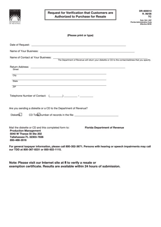 Fillable Form Dr-600013 - Request For Verification That Customers Are Authorized To Purchase For Resale - 2008 Printable pdf