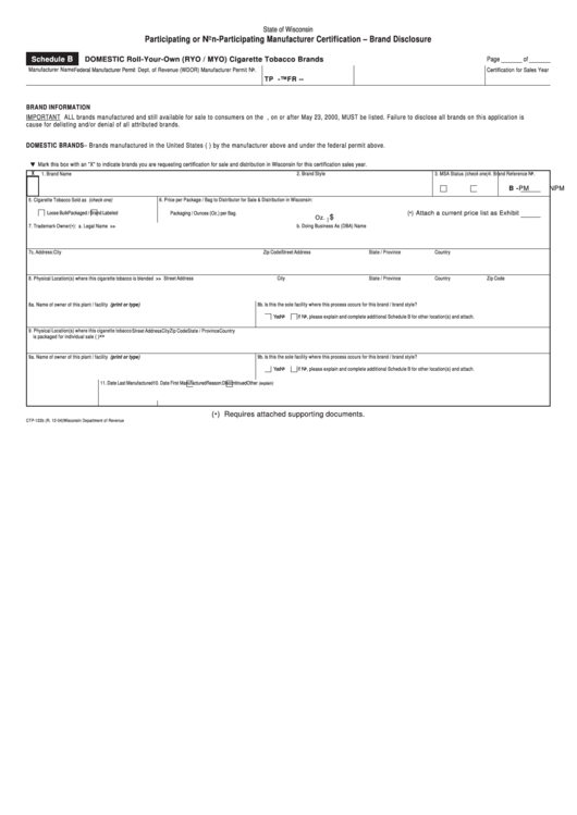 Schedule B - Participating Or Non-Participating Manufacturer Certification - Brand Disclosure Printable pdf