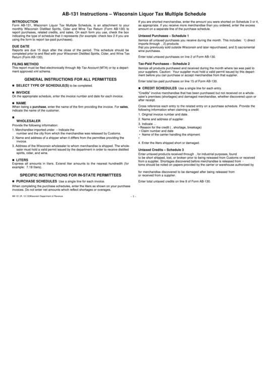 Form Ab-131 - Wisconsin Liquor Tax Multiple Schedule - 2013 Printable pdf