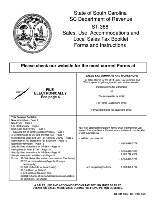 Sales, Use, Accommodations And Local Sales Tax Booklet - Forms And Instructions - South Carolina Department Of Revenue - 2014 Printable pdf