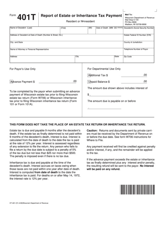 Form 401t - Report Of Estate Or Inheritance Tax Payment - Resident Or Nonresident Printable pdf