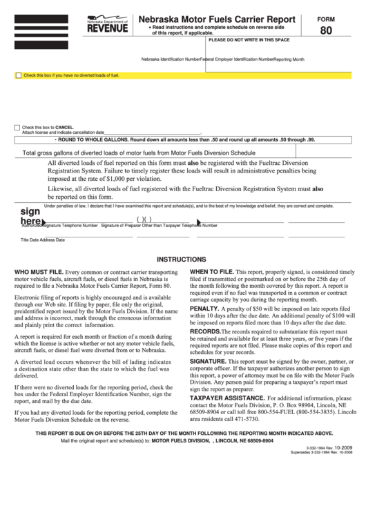 Form 80 - Nebraska Motor Fuels Carrier Report Printable pdf
