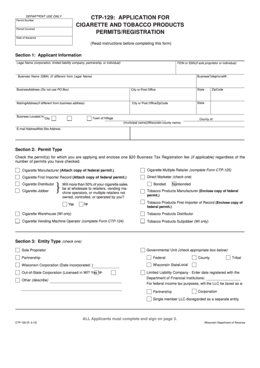 Form Ctp-129 - Application For Cigarette And Tobacco Products Permits/registration Printable pdf